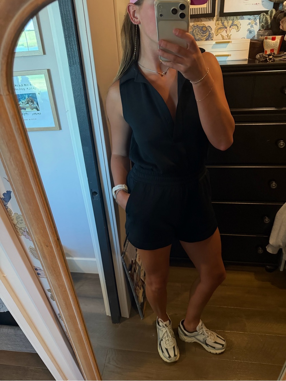 Sleeveless Black Collared Romper with Elastic Waist